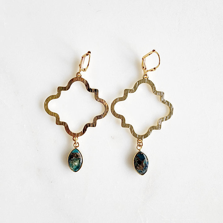 Quatrefoil Statement Earrings with Turquoise Mojave Stone in Brushed Brass Gold