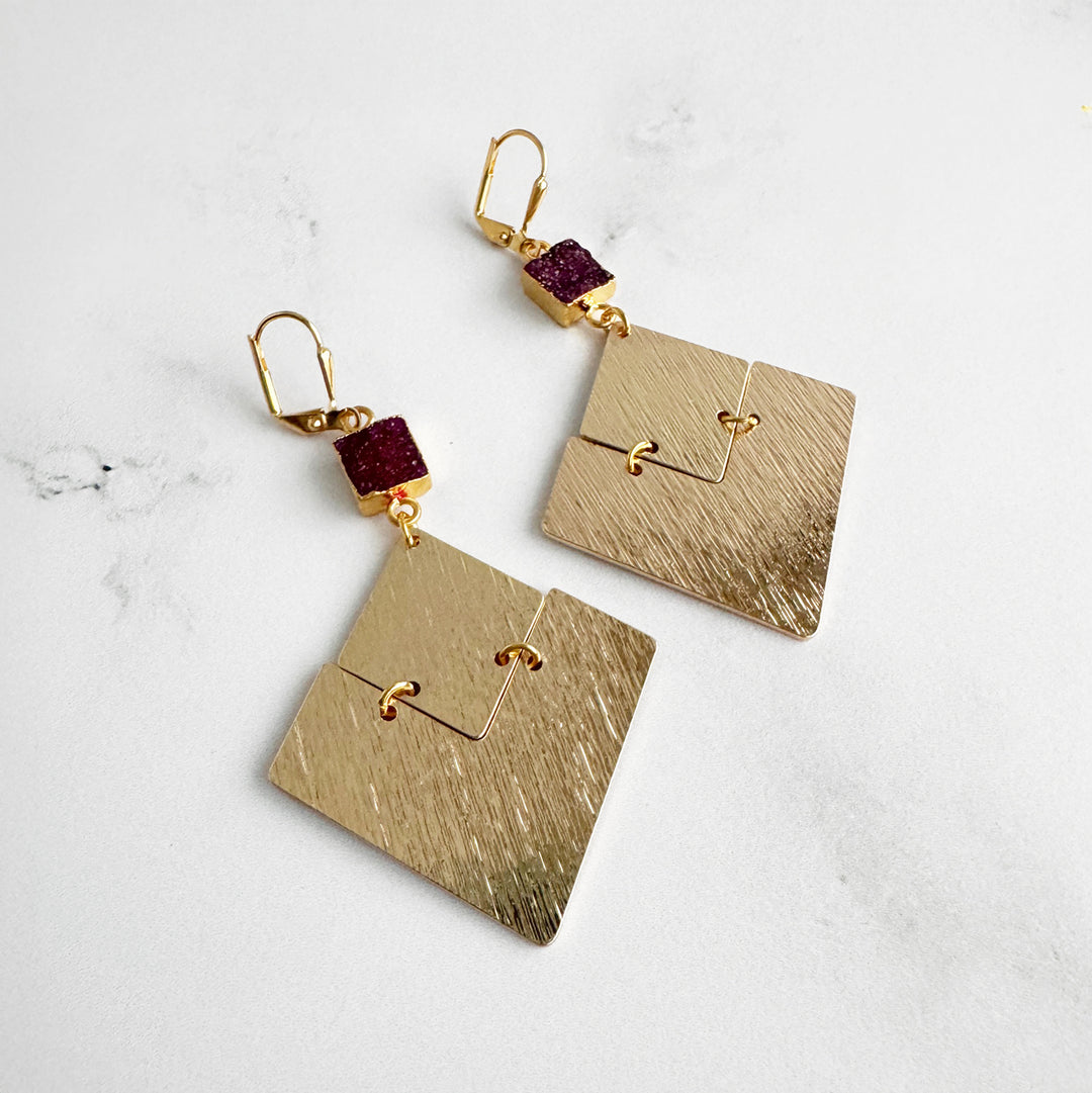 Burgundy Druzy Diamond Pendant Statement Earrings in Gold