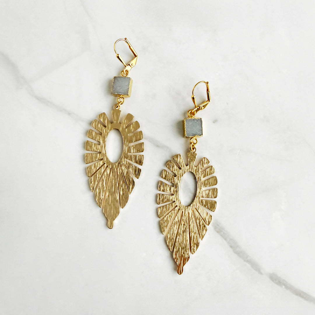 Gray Druzy Sunburst Statement Earrings in Brushed Gold