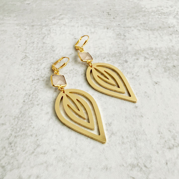 Rose Quartz and Inverted Lotus Statement Earrings in Gold