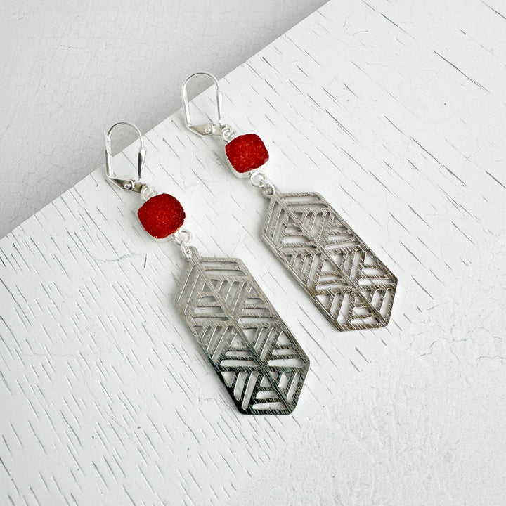 Elongated Hexagon and Orange Druzy Earrings in Brushed Gold or Silver