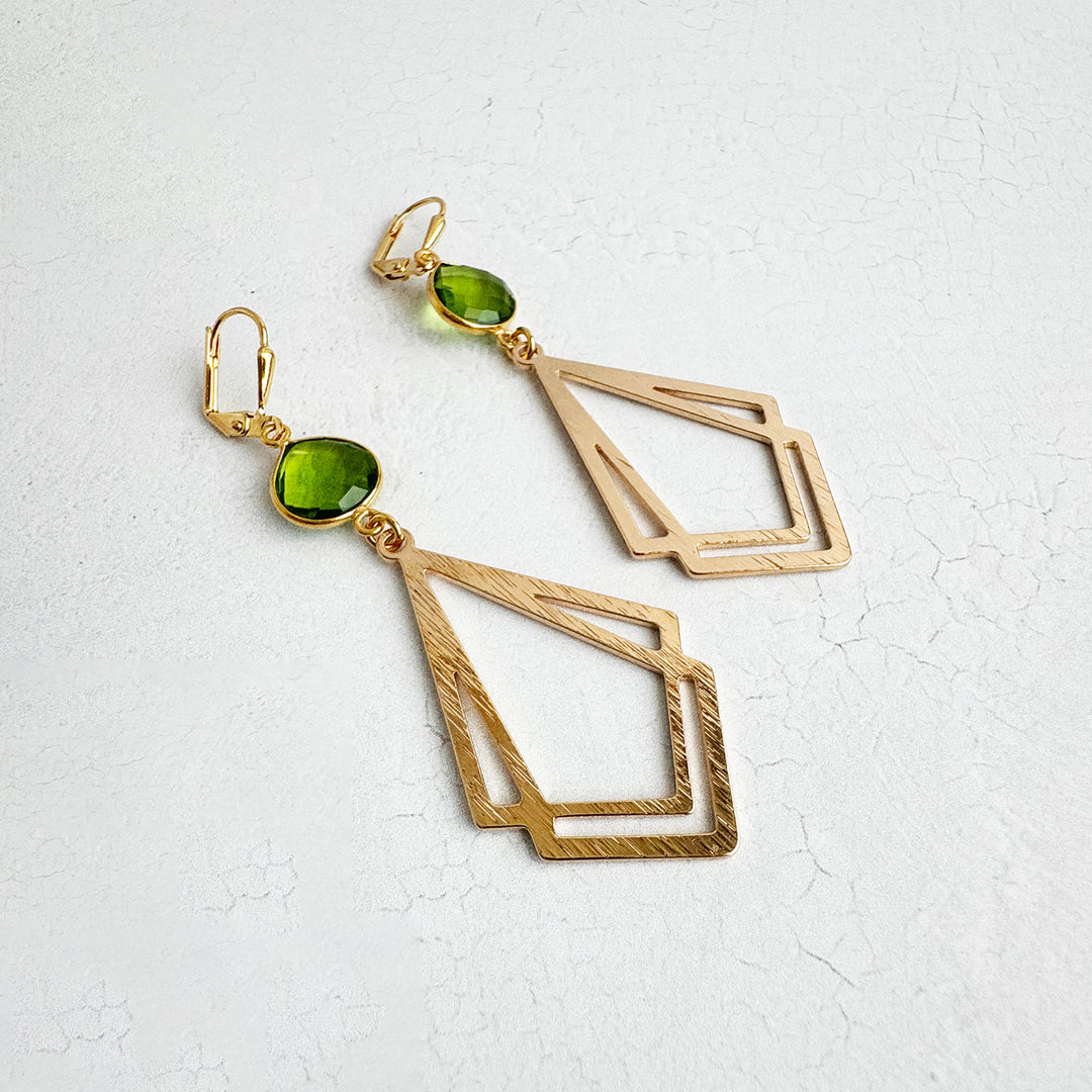 Olive Green Quartz Double Kite Earrings in Brushed Gold