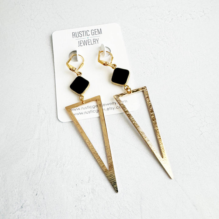 Black Onyx Triangle Earrings in Brushed Brass Gold