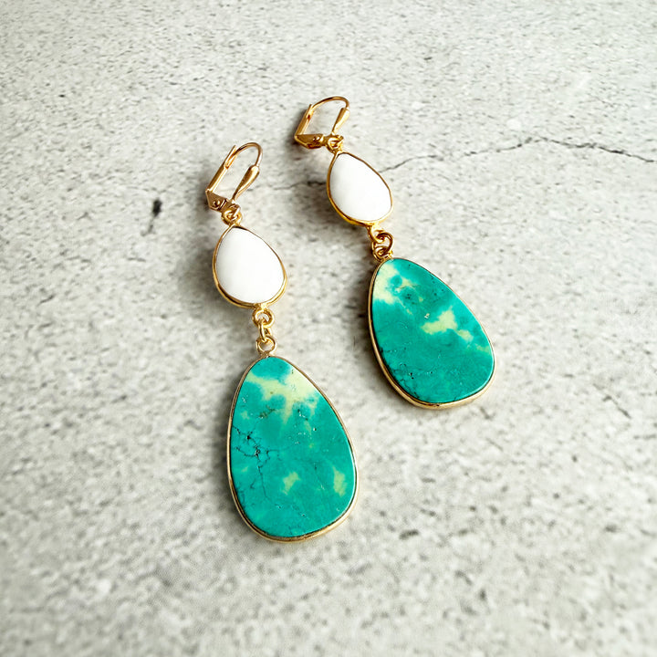 Turquoise & White Agate Stone Drop Earrings in Gold