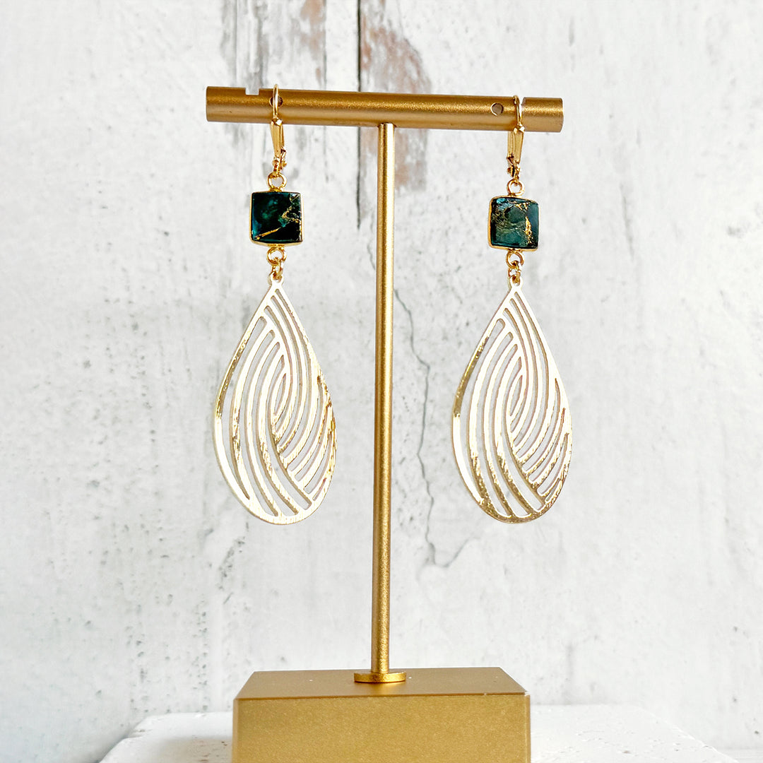 Swirl Teardrop and Teal Mojave Statement Earrings in Brushed Gold