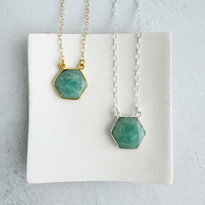 Amazonite Hexagon Bezel Necklace in Gold and Silver