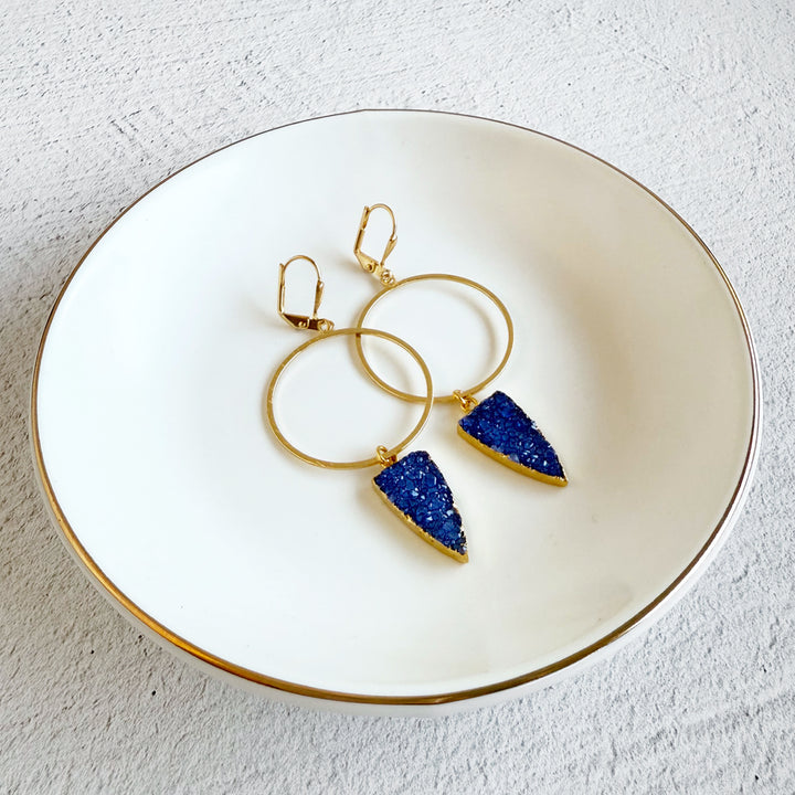 Blue Druzy Shield Hoop Dangle Earrings in Brushed Gold