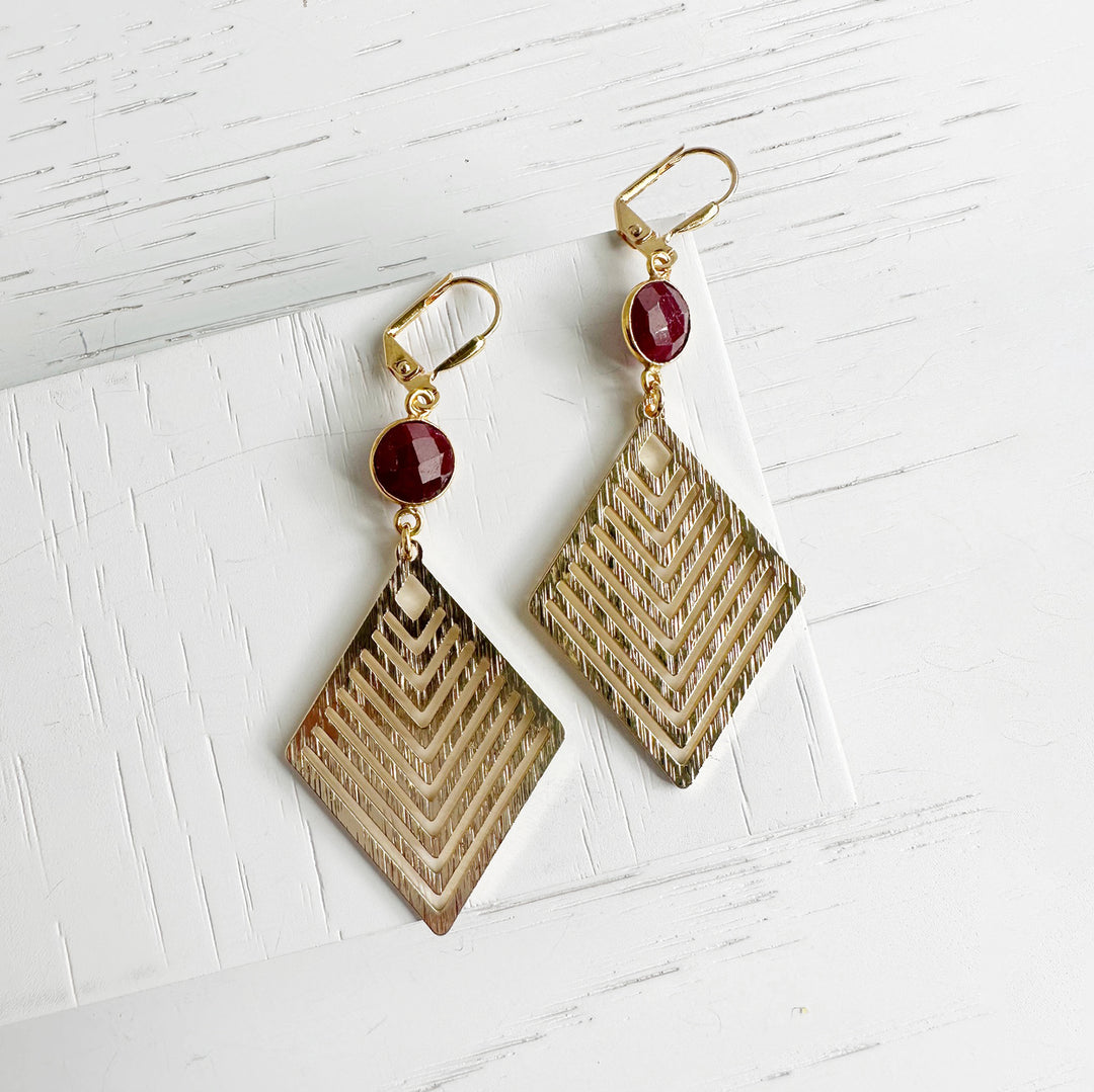 Gemstone Statement Earrings with Patterned Diamond Pendants in Brushed Gold