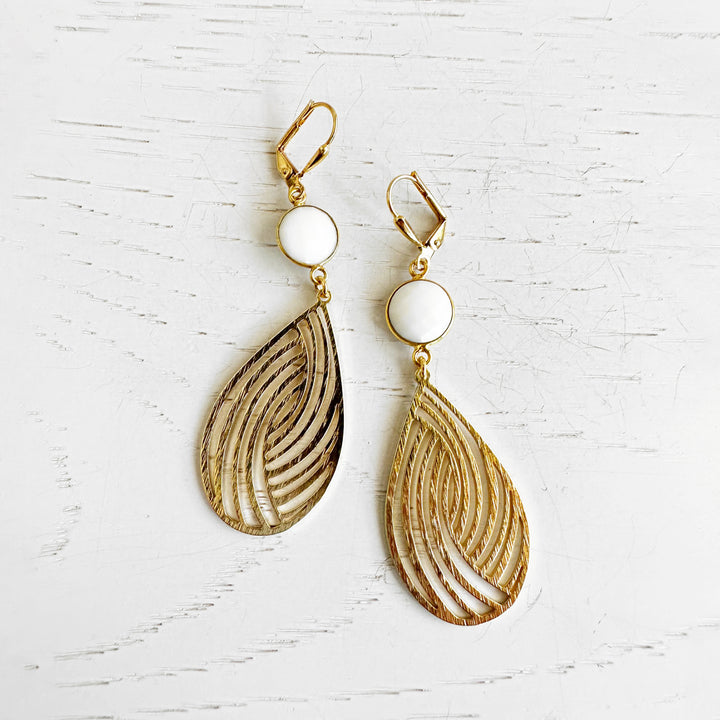 Swirl Teardrop and White Agate Statement Earrings in Brushed Gold