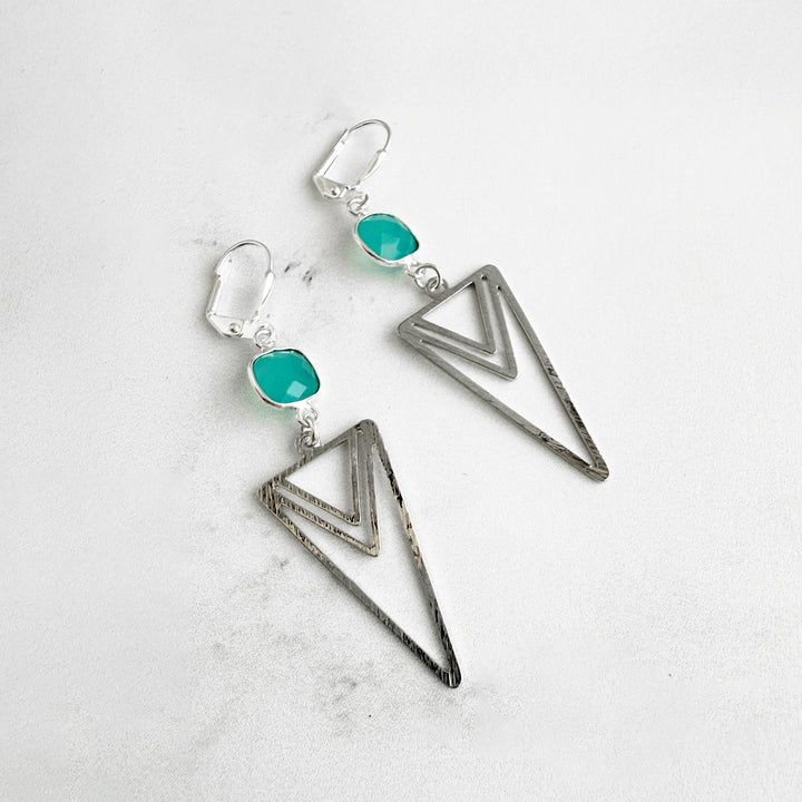 Aqua Chalcedony and Layered Triangle Statement Earrings