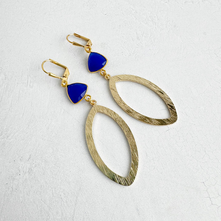 Blue Chalcedony Marquise Earrings in Brushed Gold