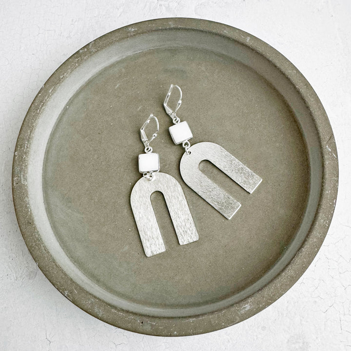 White Agate Horseshoe Earrings in Brushed Silver