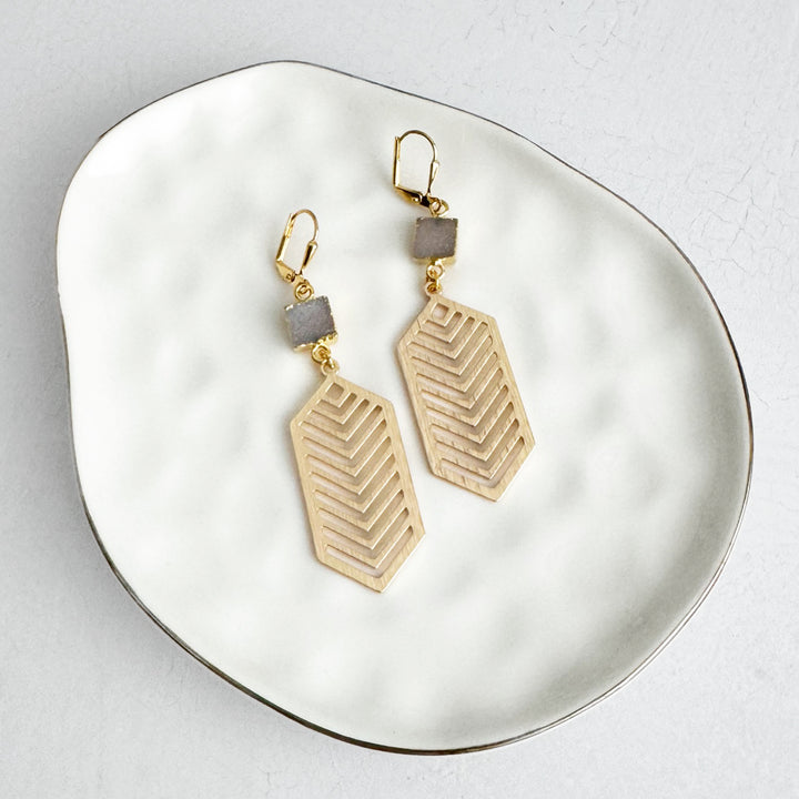 Natural Druzy Chevron Dangle Earrings in Brushed Gold