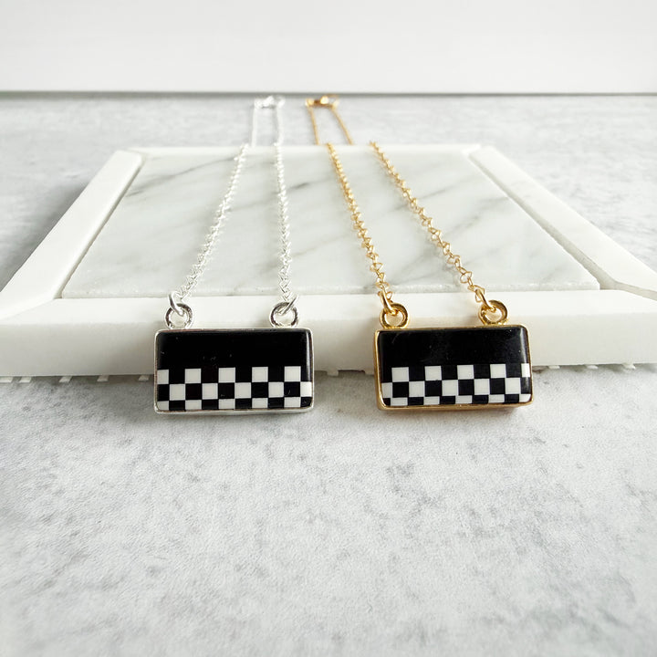 Black and White Checkered Pattern Bar Necklace