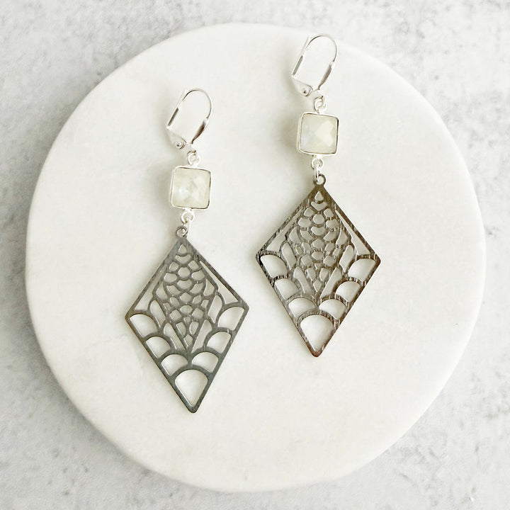 Moonstone and Patterned Diamond Earrings in Brushed Silver