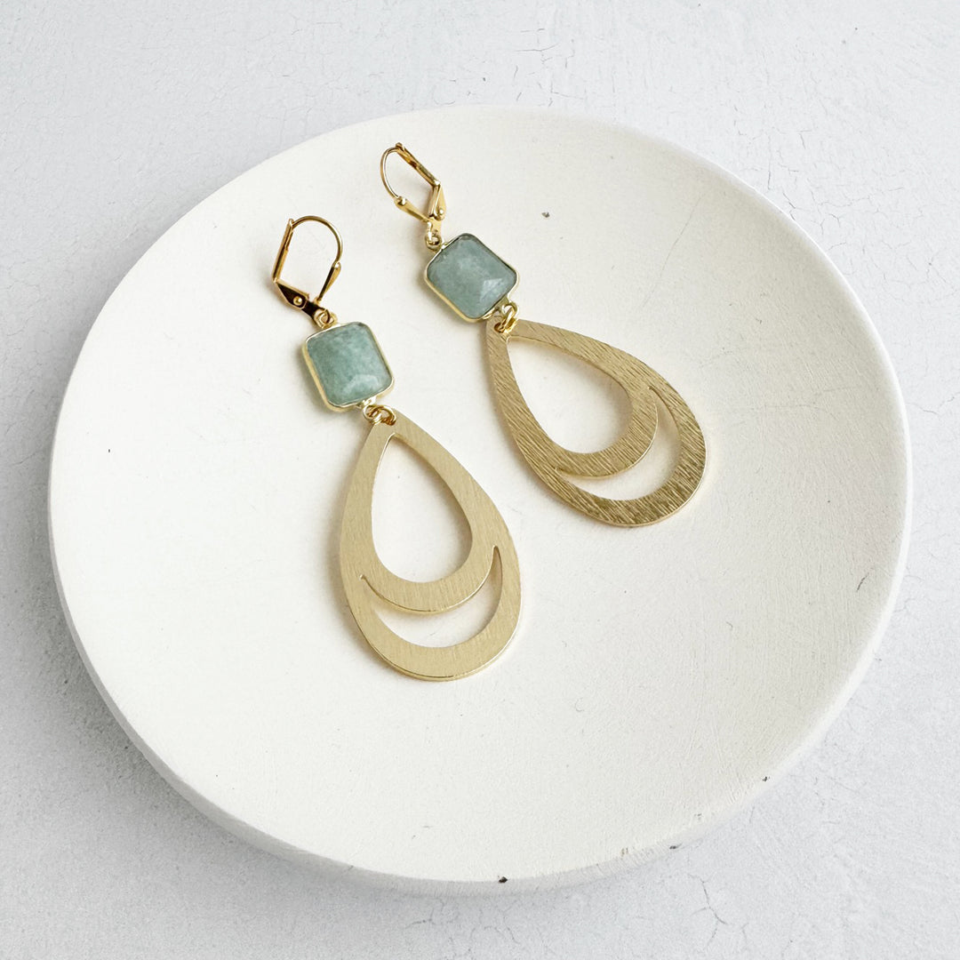 Aquamarine Double Teardrop Earrings in Brushed Gold