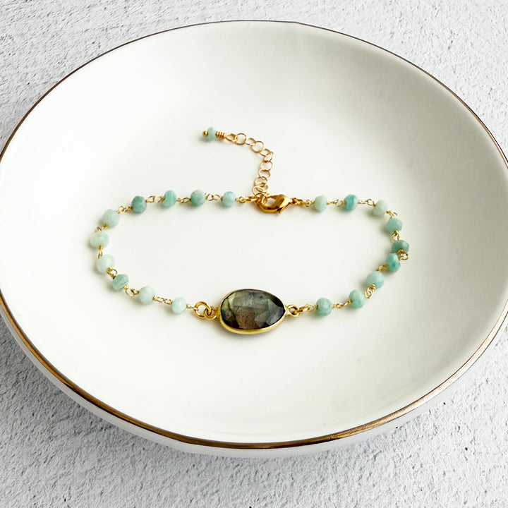 Labradorite and Amazonite Beaded Chain Bracelet in Gold