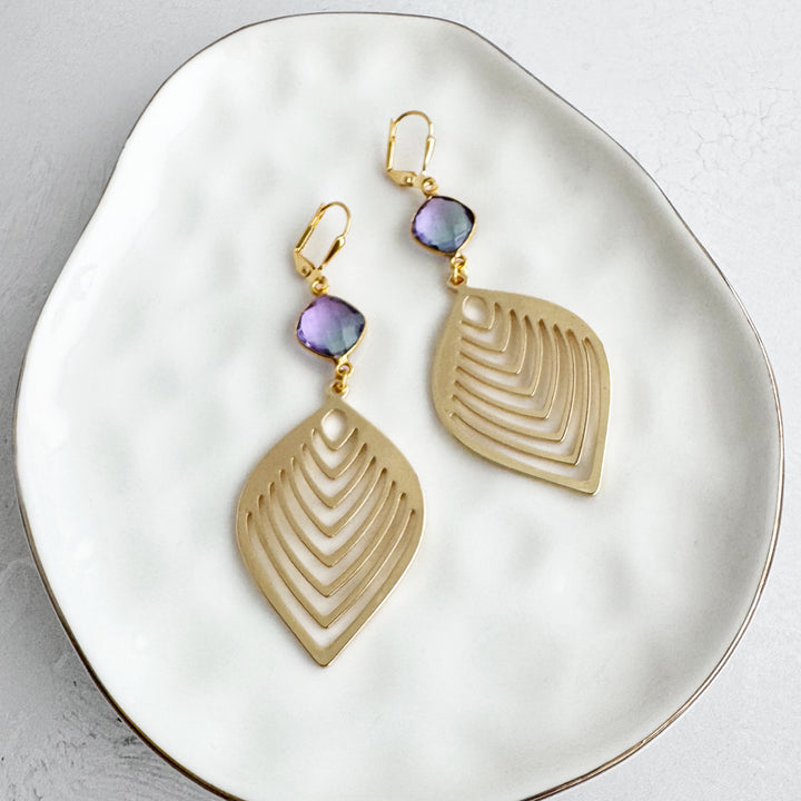 Purple Aura Quartz Marquise Leaf Earrings in Brushed Gold