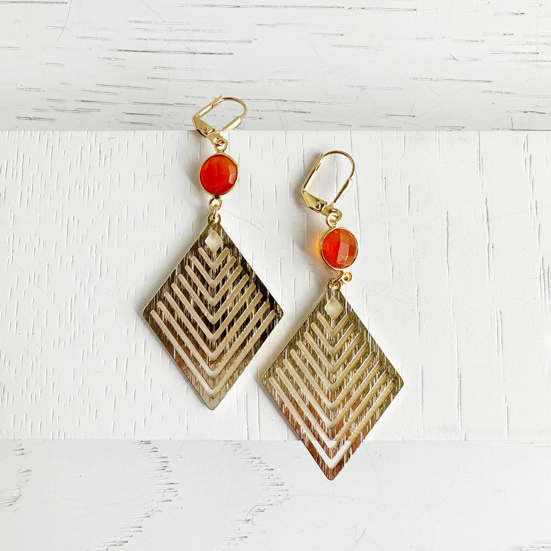 Gemstone Statement Earrings with Patterned Diamond Pendants in Brushed Gold