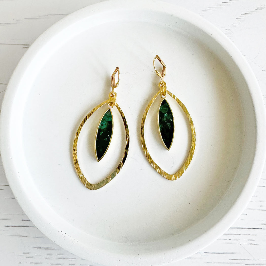 Emerald Marquise Dangle Earrings in Brushed Gold