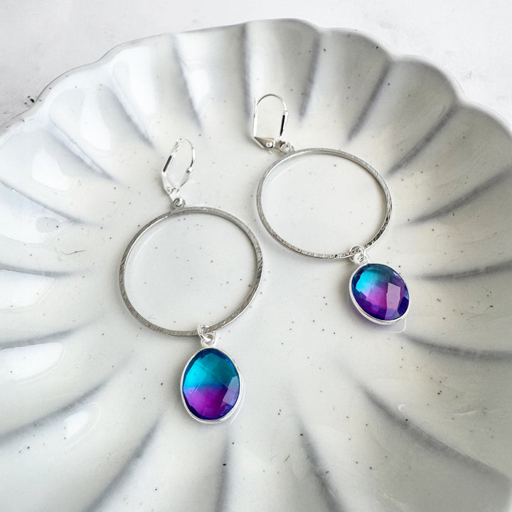 Blue Purple Aura Quartz Hoop Dangle Earrings in Silver