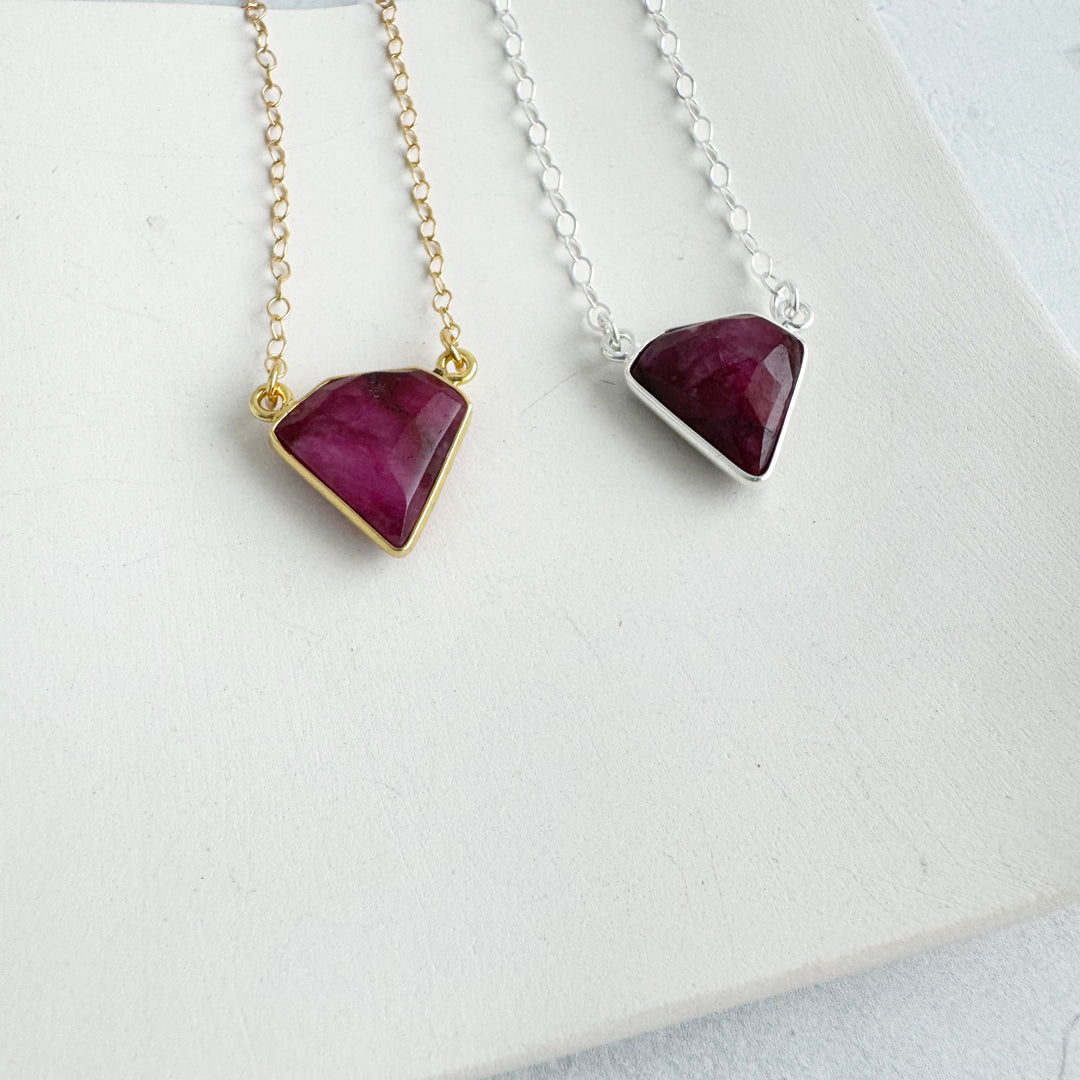 Ruby Triangle Bezel Necklace in Gold and Silver