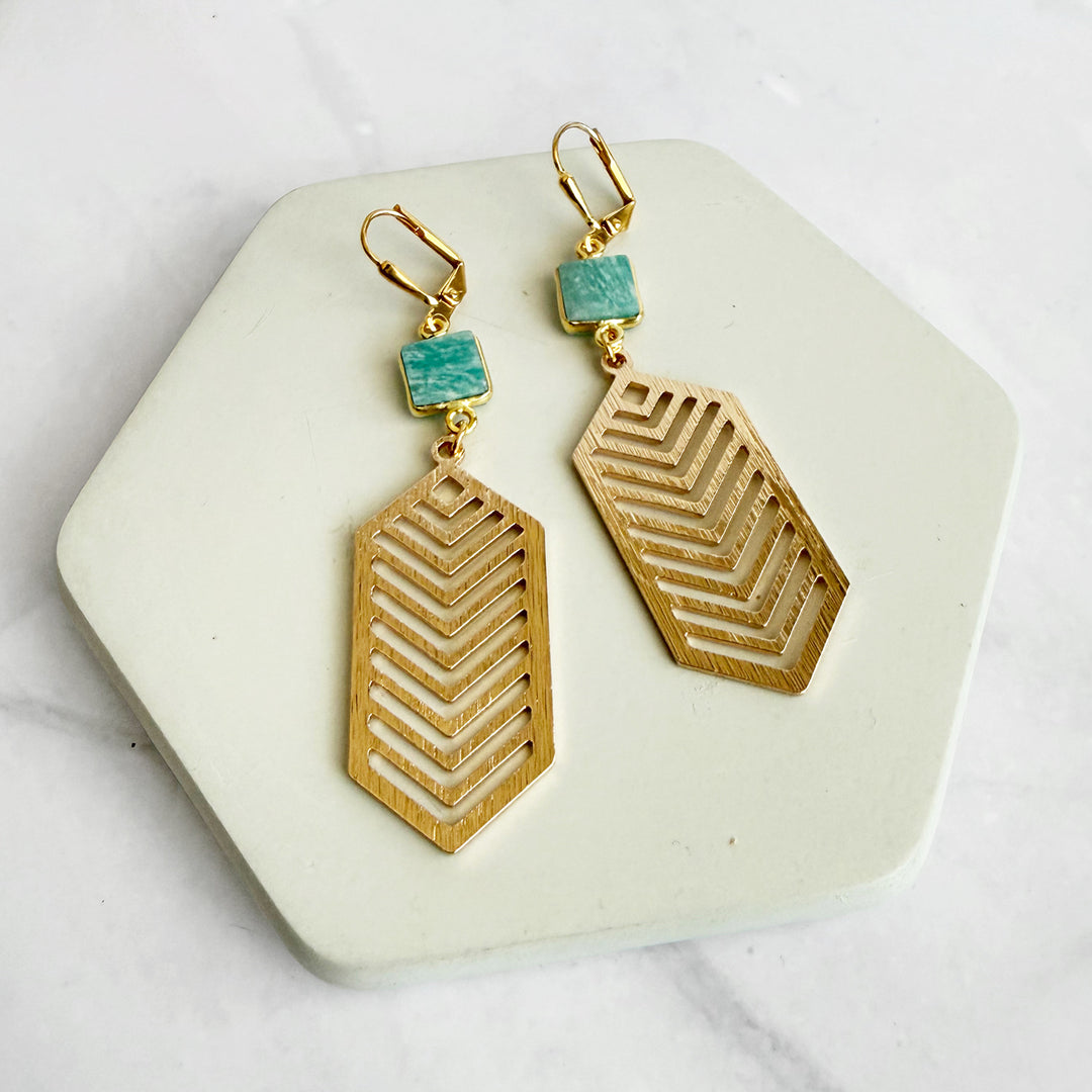 Amazonite Chevron Dangle Earrings in Brushed Gold