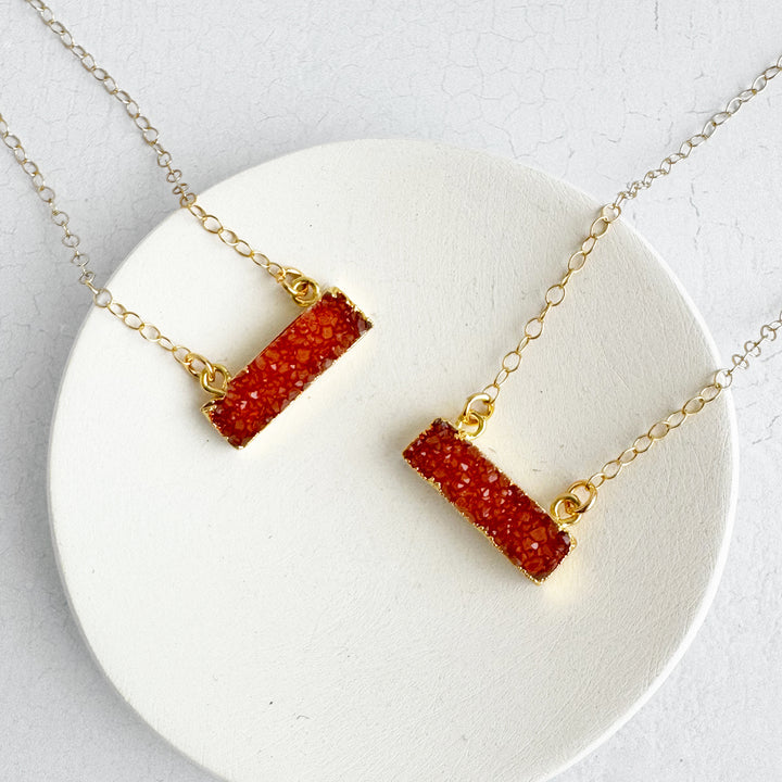 Small Orange Druzy Bar Necklace in 14k Gold Filled