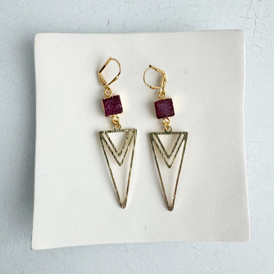 Burgundy Druzy and Layered Triangle Earrings in Brushed Silver or Gold