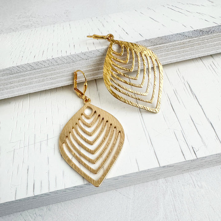 Chevron Pattern Marquise Earrings in Brushed Gold