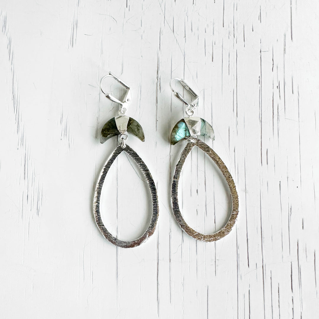 Labradorite Crescent and Teardrop Dangle Earrings in Brushed Silver