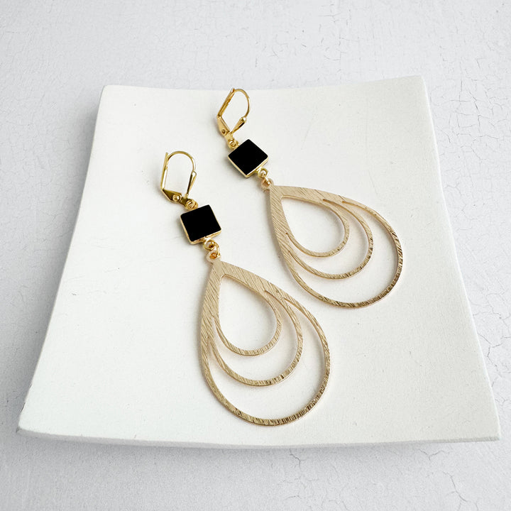 Black Onyx Triple Teardrop Earrings in Brushed Gold