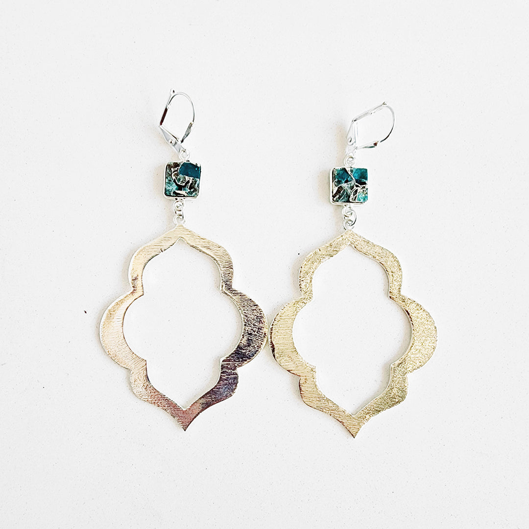 Teal Mojave Quatrefoil Earrings with Marquise Stone in Brushed Silver