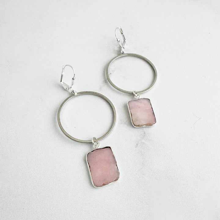 Freeform Pink Opal Hoop Dangle Earrings in Brushed Silver