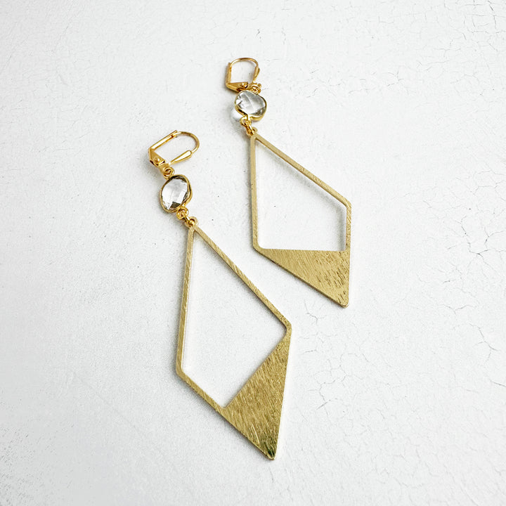 Clear Stone Diamond Pendant Earrings in Brushed Gold