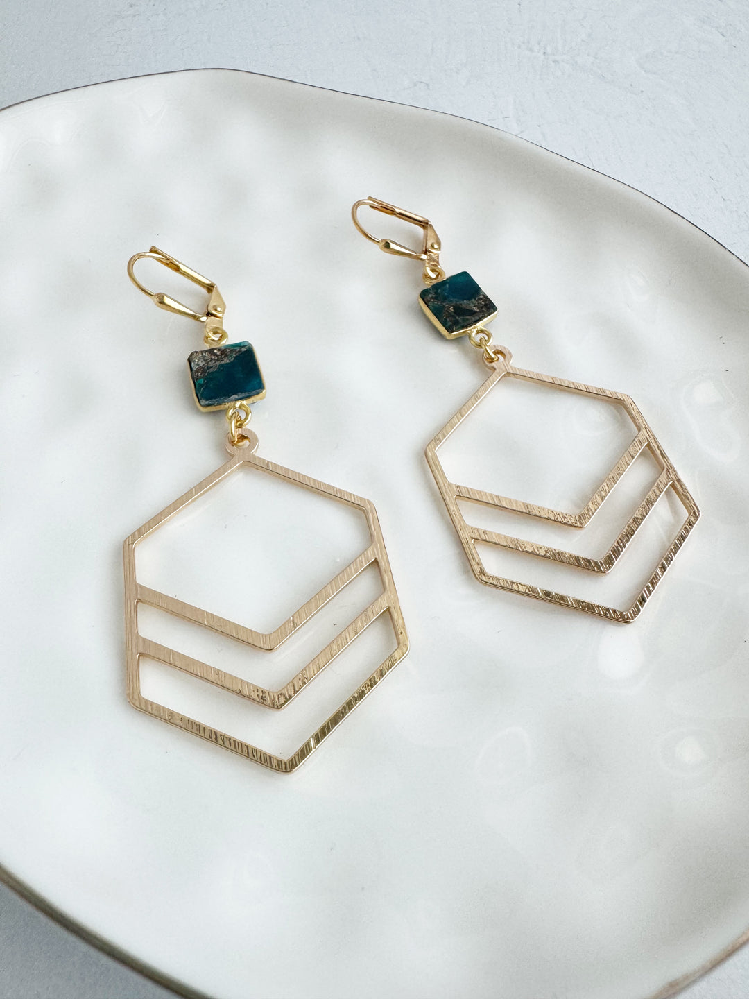 Double Hexagon Earrings with Teal Mojave Stones in Brushed Gold and Silver