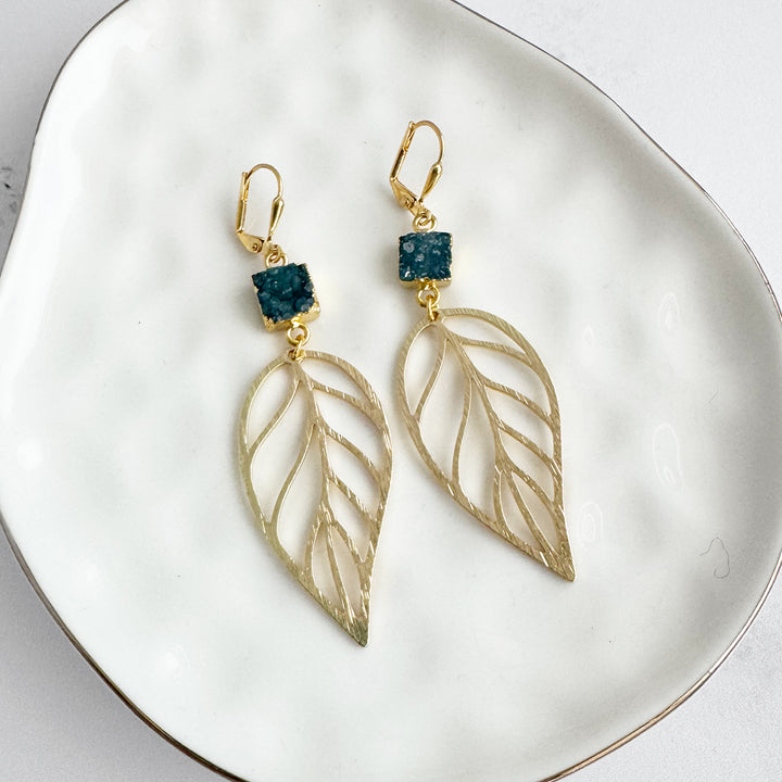 Ocean Blue Druzy Leaf Statement Earrings in Brushed Gold