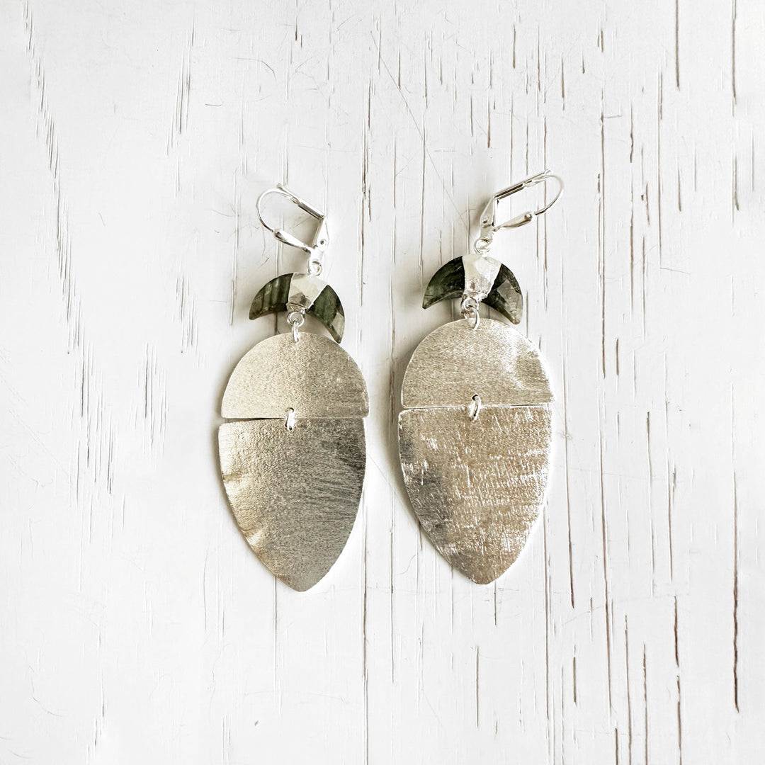 Labradorite Shield Statement Earrings in Brushed Silver