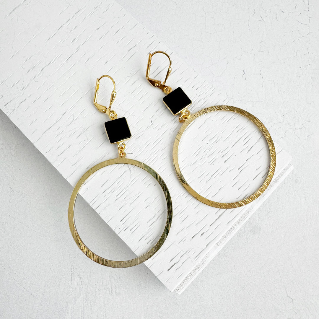 Large Black Onyx Hoop Earrings in Brushed Gold