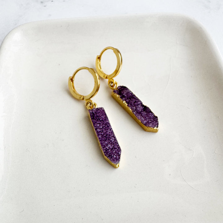 Purple Druzy Point Huggie Earrings in Gold
