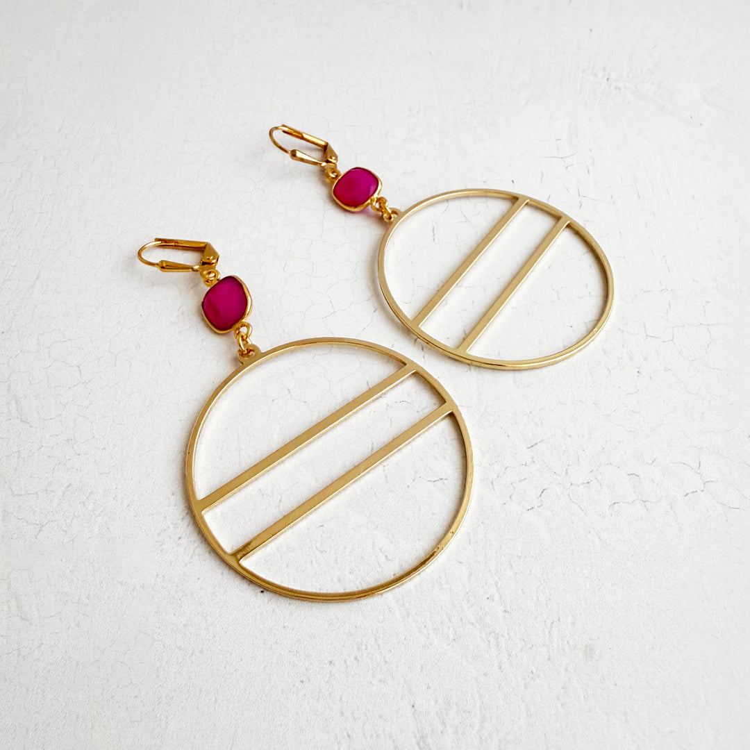 Fuchsia Chalcedony Geometric Hoop Earrings in Gold