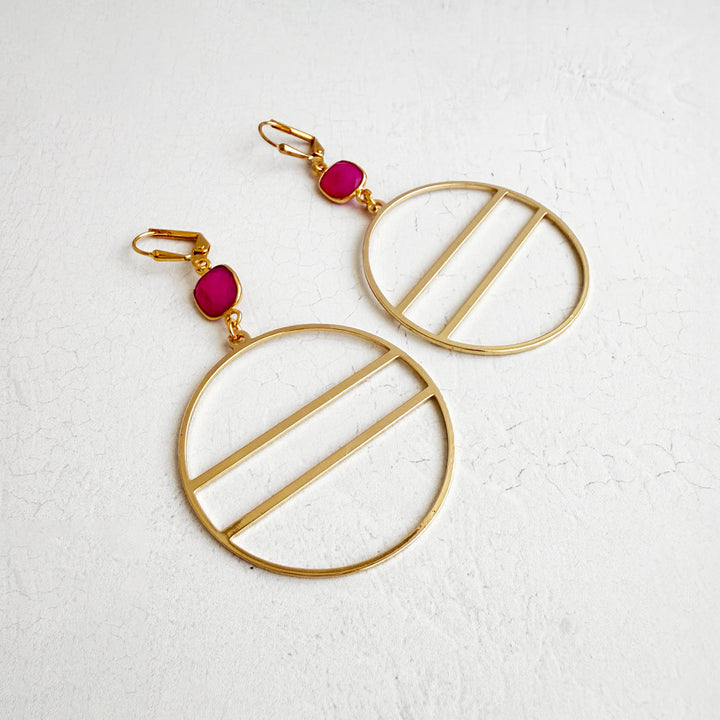Fuchsia Chalcedony Geometric Hoop Earrings in Gold