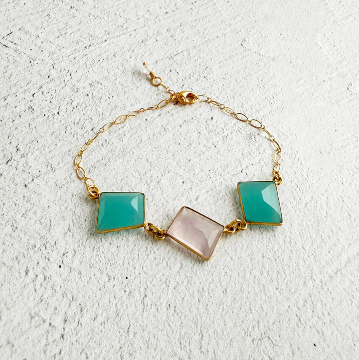 Triple Jewel Bracelet in Gold with Aqua Chalcedony and Rose Quartz