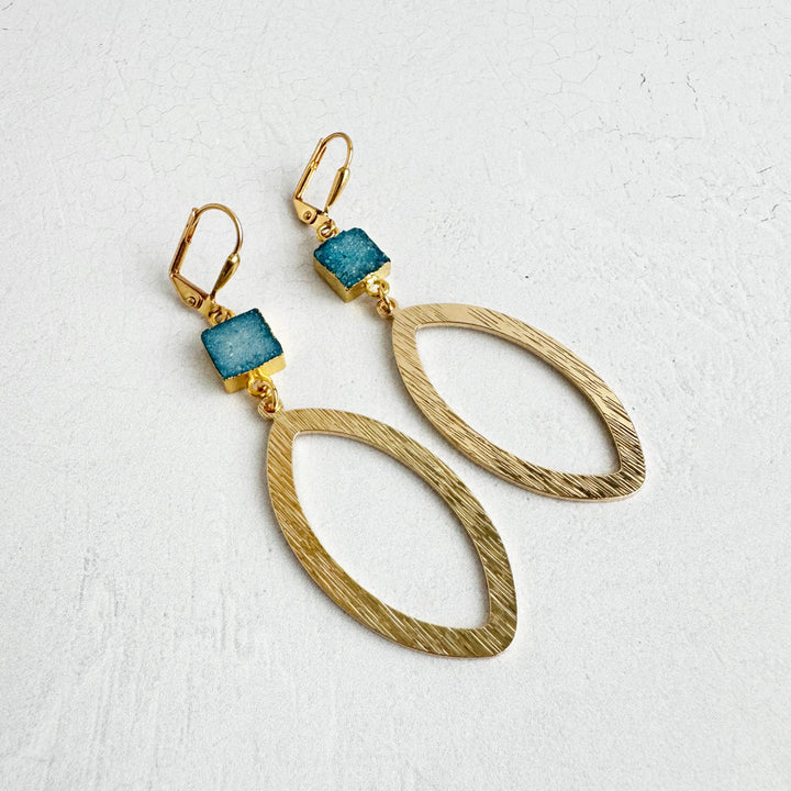 Ocean Blue Druzy Marquise Dangle Earrings in Brushed Gold