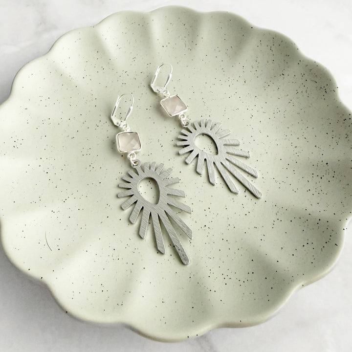 Rose Quartz and Starburst Statement Earrings in Brushed Silver