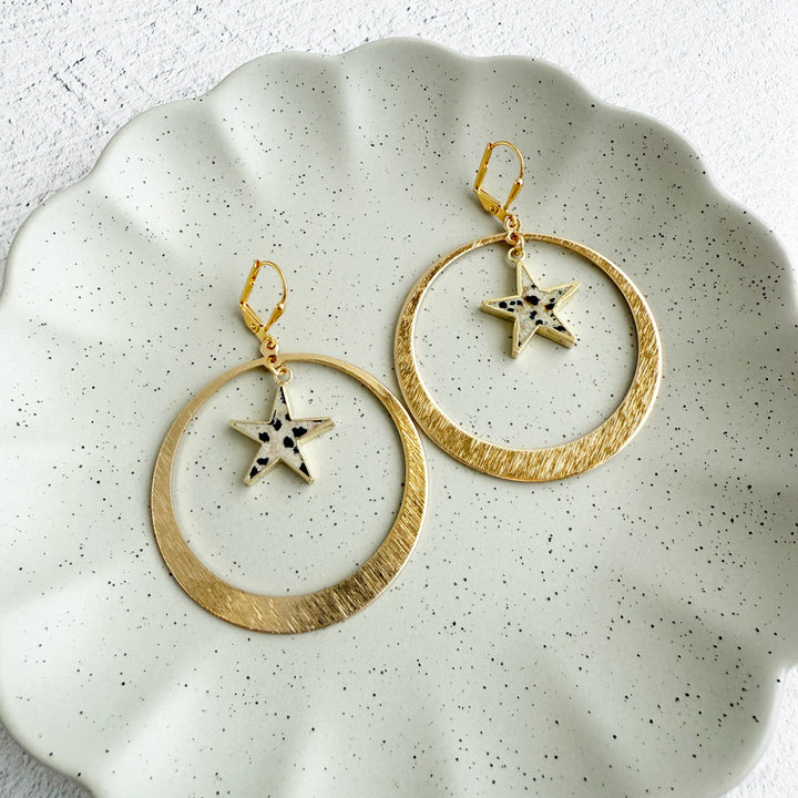 Dalmatian Jasper Star Dangle Hoop Earrings in Brushed Gold