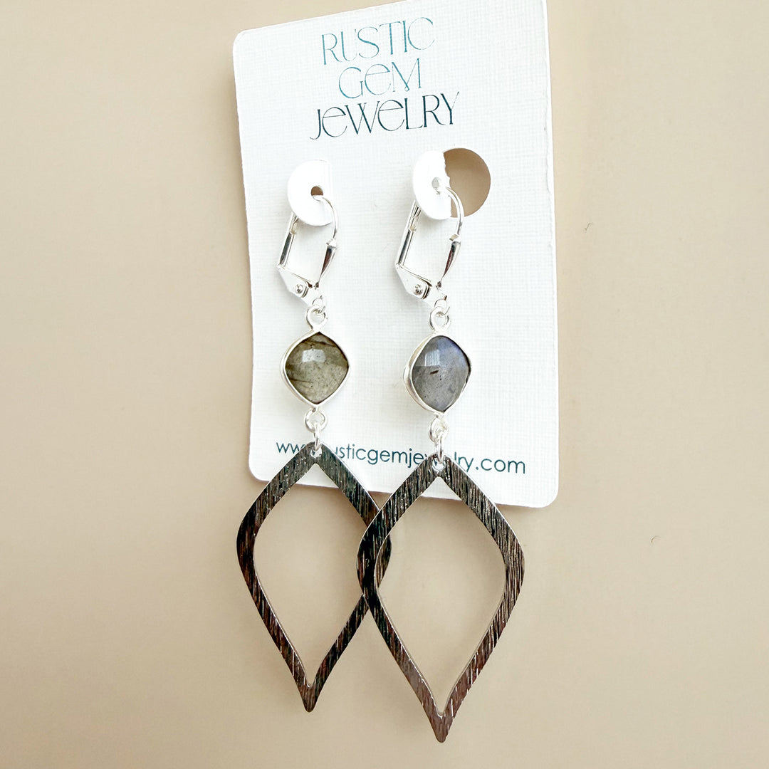 Labradorite Halo Drop Dangle Earrings in Brushed Silver