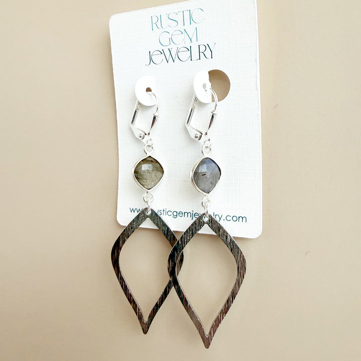 Labradorite Halo Drop Dangle Earrings in Brushed Silver