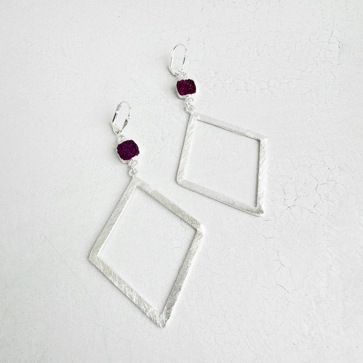 Fuchsia Druzy Diamond Pendant Earrings in Brushed Silver