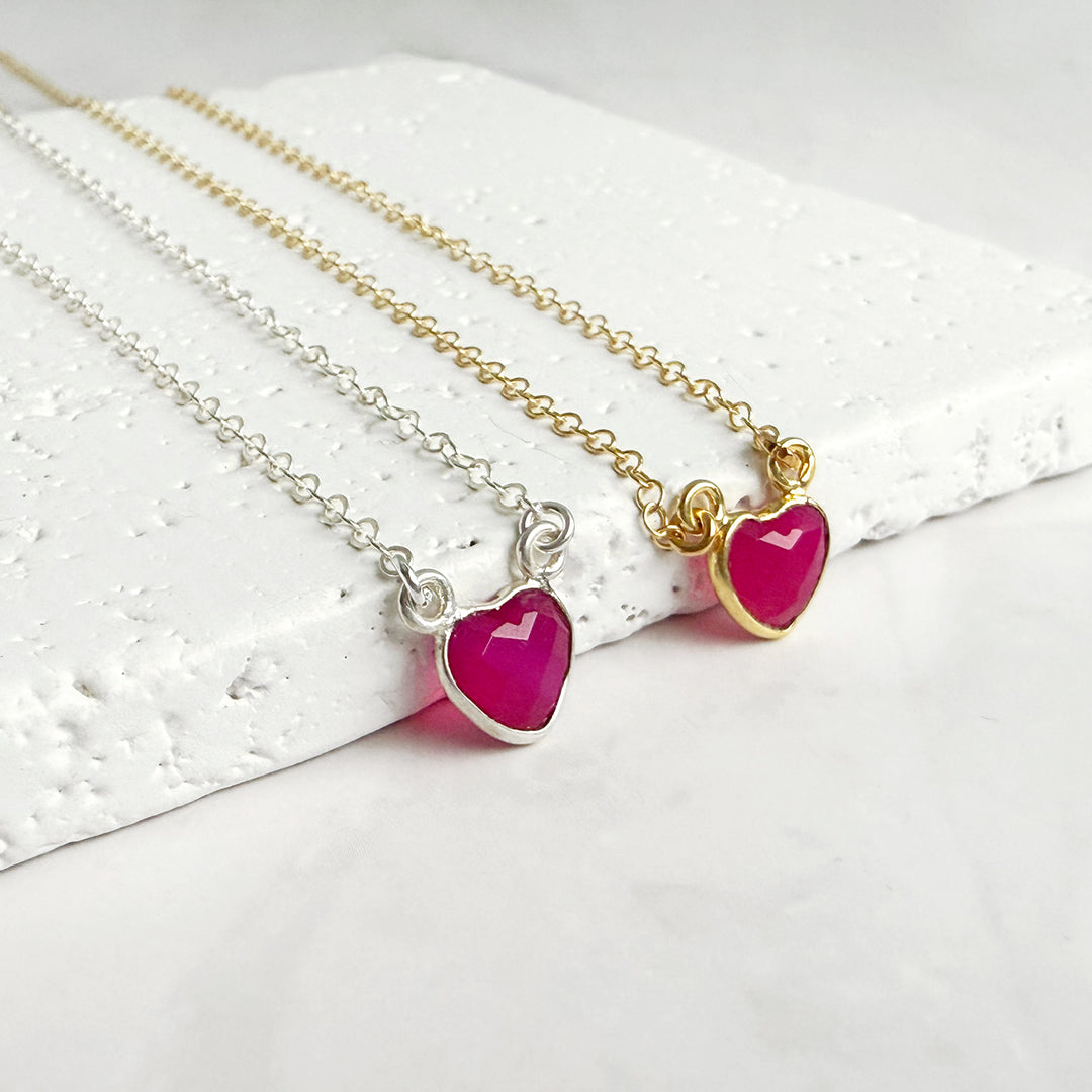 Tiny Fuchsia Chalcedony Gemstone Heart Necklace